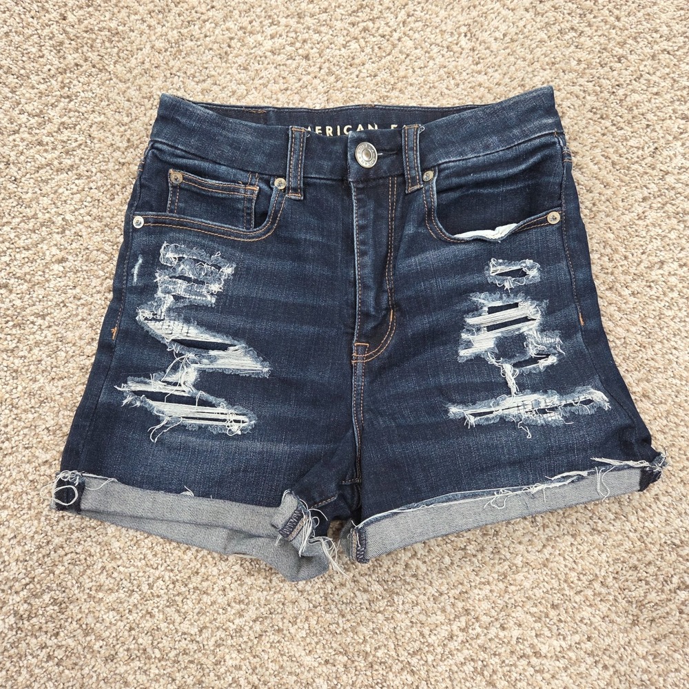 American Eagle Curvy Hi-Rise Shortie Dark Wash Stretch Denim Cutoff Shorts 2